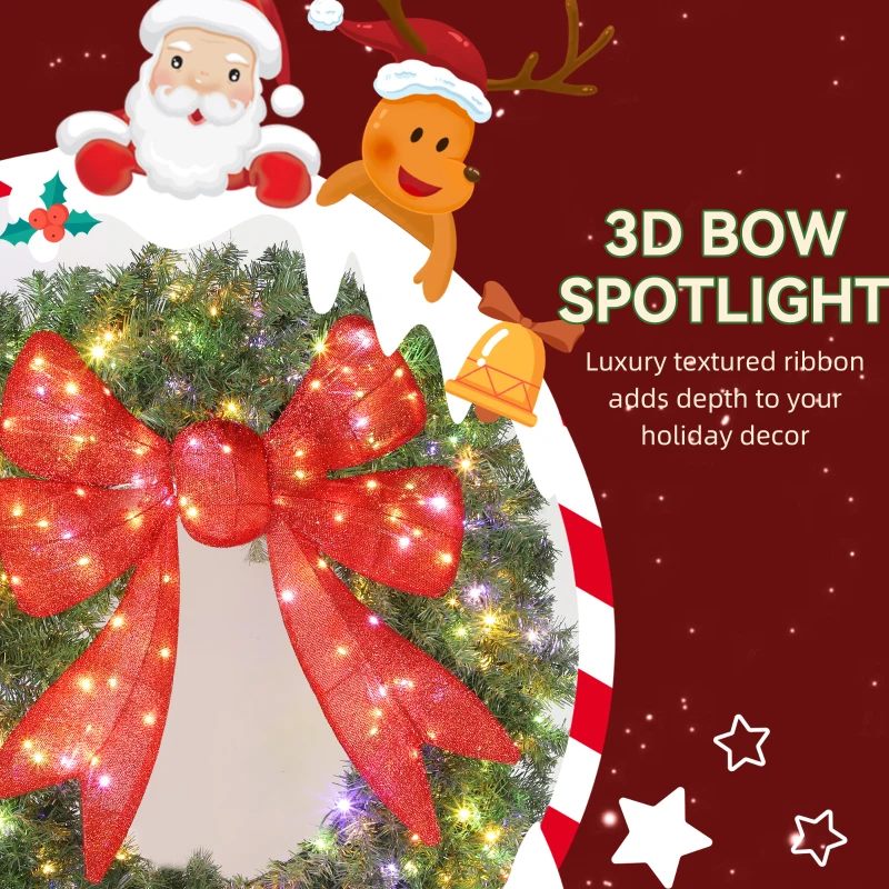 HOMCOM 48in Pre-Lit Christmas Wreath with 3D Red Bow, 11 Lighting Modes, Front Door Christmas Wreath with Remote