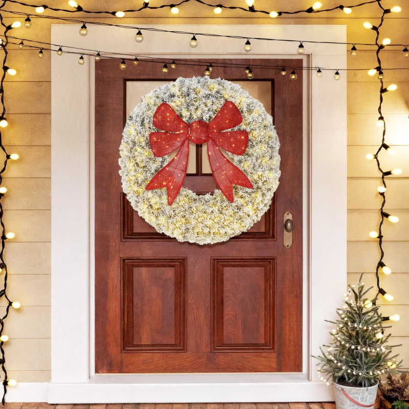 HOMCOM 36in Flocked Pre-Lit Christmas Wreath with 3D Red Bow, 11 Lighting Modes, Front Door Christmas Wreath with Remote