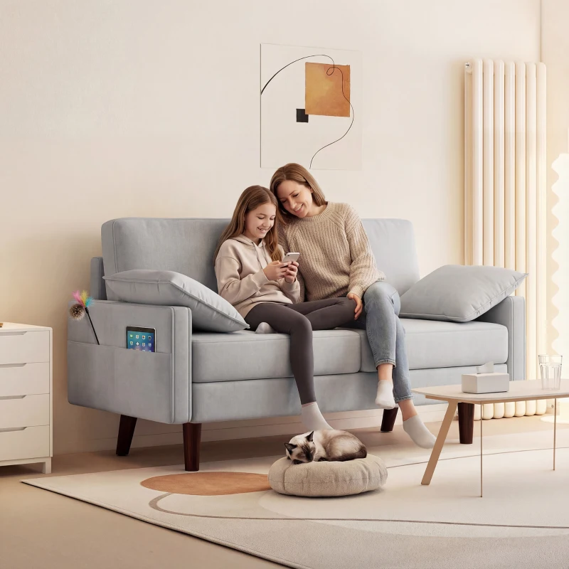 HOMCOM 3 Seater Sofa, Velvet Upholstered Couch with Spring Cushions, Rubber Wood Legs and 2 Pillows, Grey