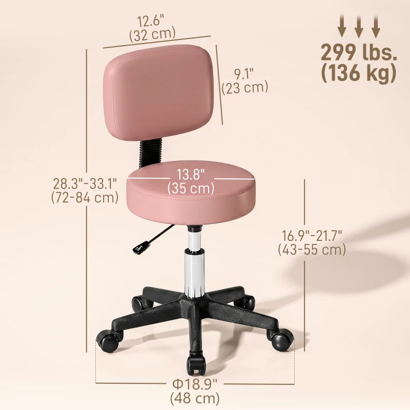 HOMCOM Rolling Stool with Wheels, Swivel Stool with Back Support, Adjustable Height, PU Leather Swivel Chair, Pink