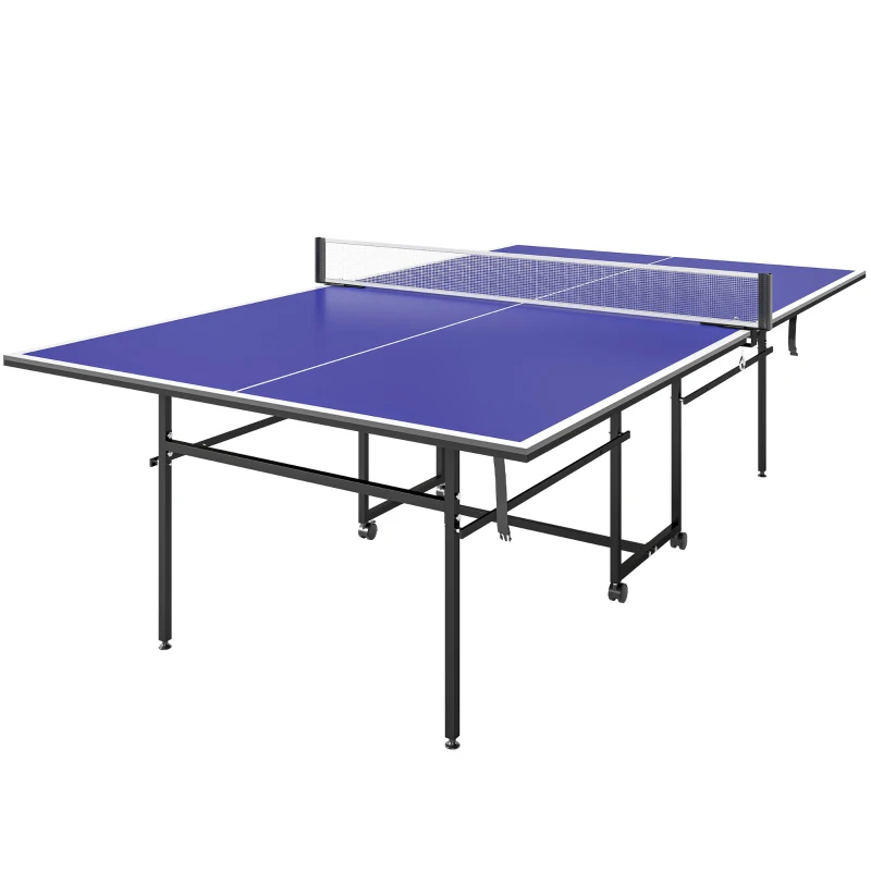 Soozier Full Size Table Tennis Table, Folding Ping Pong Table with Net, Paddles, Balls and Wheels, Blue
