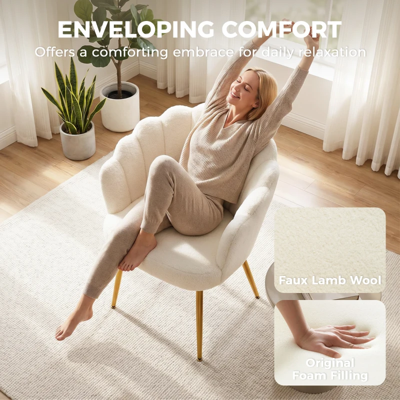 HOMCOM Accent Chair Petal-Back Design Modern Living Room Chair with Metal Legs Cream