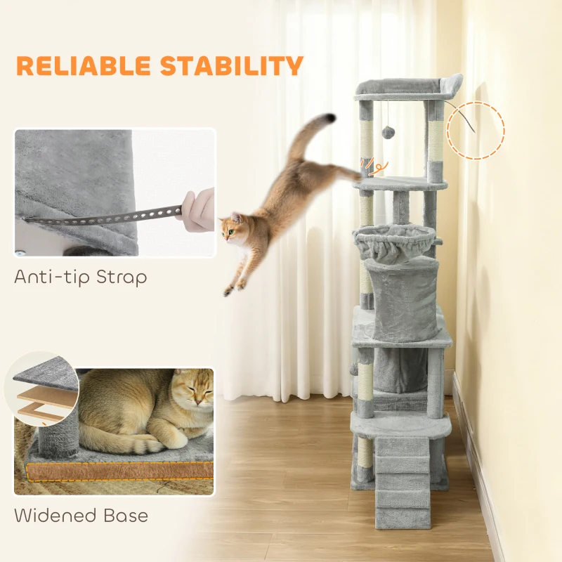 PawHut 67" Large Cat Tree with 7 Scratching Posts, Tunnel, 2 Condos, Hammock, Perch, Ramp, Pompoms, Light Grey