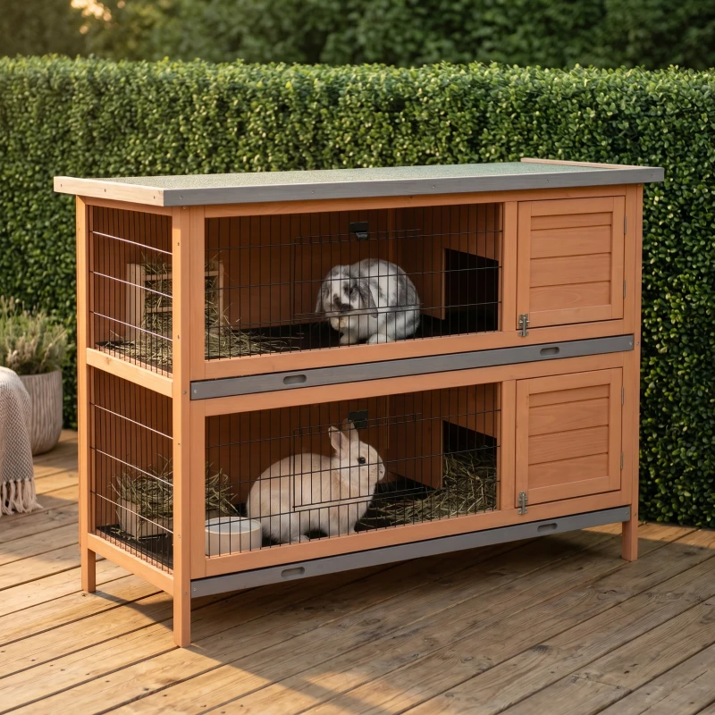 PawHut 54" 2-Story Large Rabbit Hutch Bunny Cage Wooden Pet House Small Animal Habitat Lockable Doors, Tray, Roof, Orange