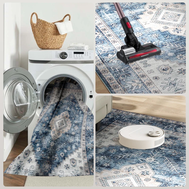 HOMCOM 9x12 Area Rug, Vintage Machine Washable Rug, Non-Slip Floor Carpet for Living Room, Bedroom, Dining Room, Blue