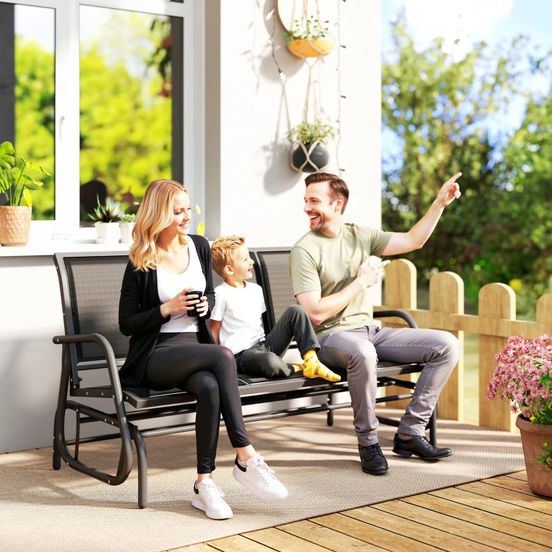 Outsunny 3-Person Outdoor Patio Glider Bench, Porch Glider Swing with 3 Seats, Breathable Mesh Fabric, Metal Frame, Black
