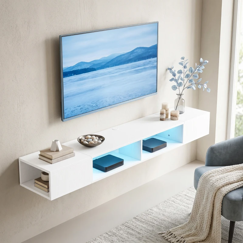 HOMCOM TV Stand with RGB LED Lights, Entertainment Center with Open Shelves for 75 Inch TV, White