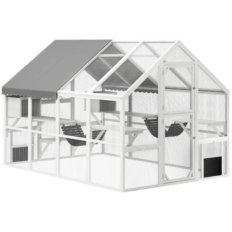 PawHut Outdoor Cat Enclosure Wooden Feral Cat House w/ Weatherproof Canopy, Bridges, Resting Boxes, Platforms, for 3-6 Cats