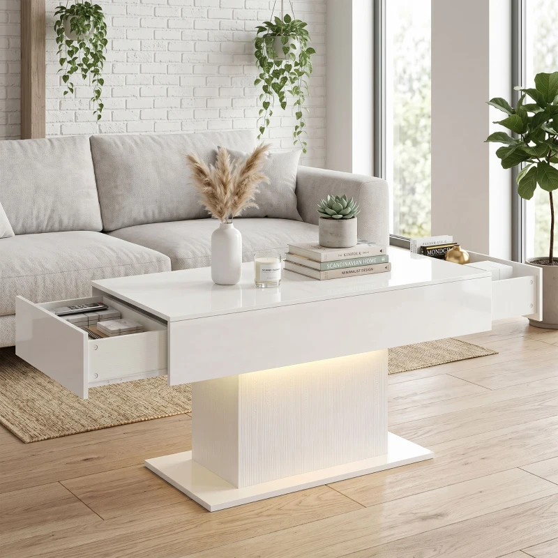 HOMCOM LED Coffee Table with Storage, High Gloss Modern Center Table with 2 Drawers and Remote Control for Living Room, White