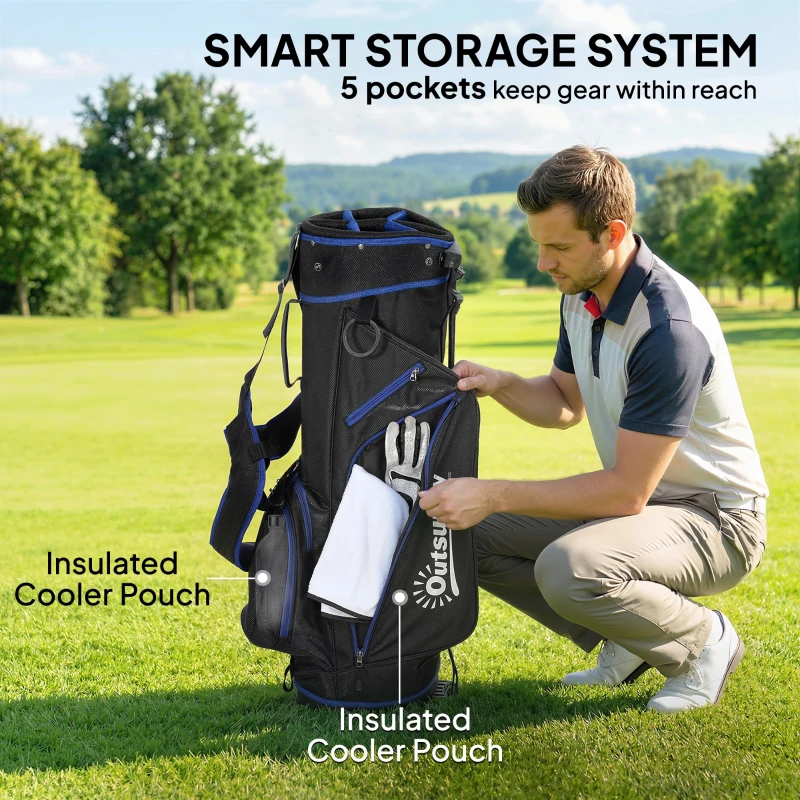 Outsunny Ultra-Lightweight Golf Stand Bag with 6-Way Dividers and Cooler Pocket, All-Weather Men's Golf Bag, Blue