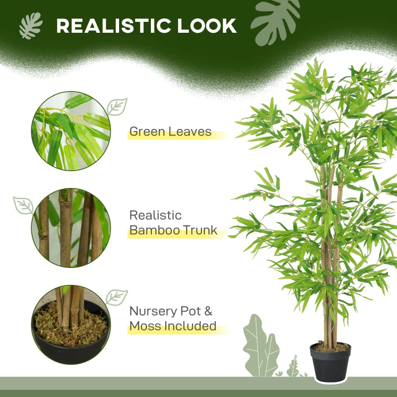 Outsunny Artificial Bamboo Tree Set of 2, 5ft Fake Tree with Realistic Leaf and Natural Trunk, Decorative Plant in Nursery