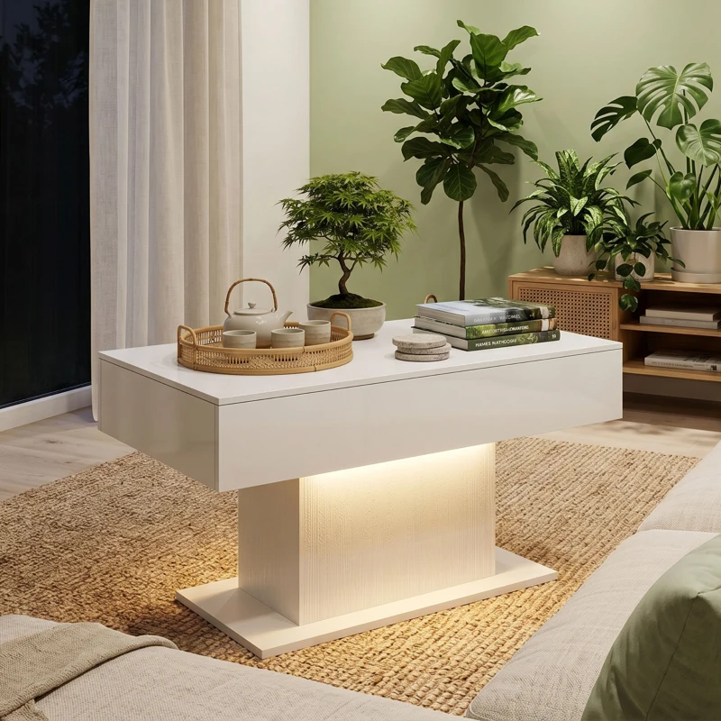 HOMCOM LED Coffee Table with Storage, High Gloss Modern Center Table with 2 Drawers and Remote Control for Living Room, White