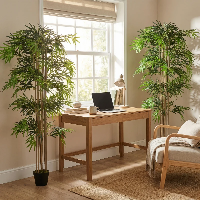 Outsunny 6FT Artificial Bamboo Tree Set of 2, Fake Plant with 1530 Leaves, Greenery Plant in Nursery Pot for Indoor, Green