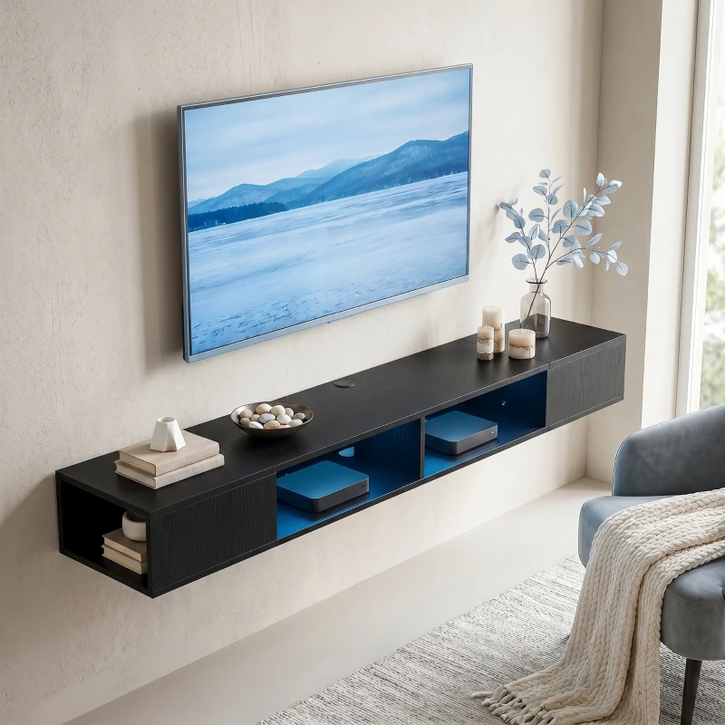 HOMCOM TV Stand with RGB LED Lights, Entertainment Center with Open Shelves for 75 Inch TV, Black Wood Grain