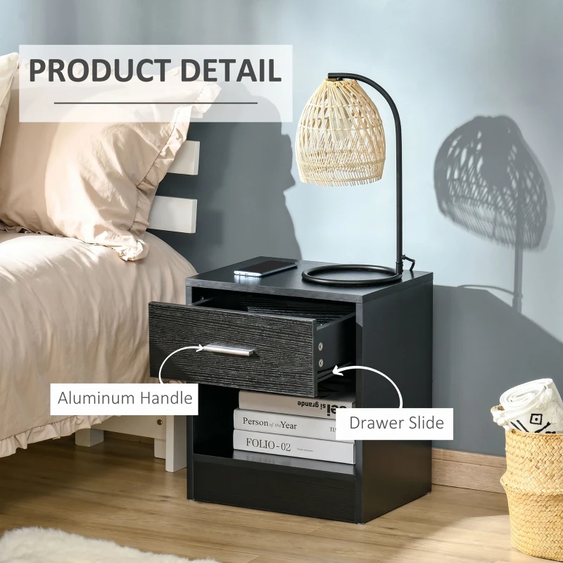 HOMCOM Modern Side Table with Drawer and Storage Shelf, End Table for Living Room, Black Wood Grain