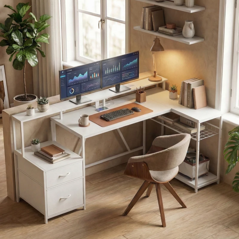 HOMCOM 76" Gaming Desk, Reversible Computer Table with RGB Lights, USB Ports, Monitor Stand and 2 Fabric Drawers, White