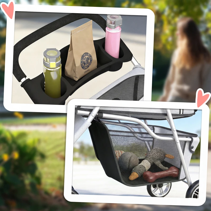 PawHut 3 Wheels Foldable Dog Stroller with Storage Basket, Adjustable Canopy, Cupholder for Miniature and Small Dogs, Grey