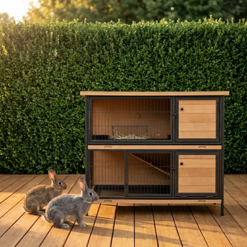 PawHut 48" 2-Story Large Rabbit Hutch Bunny Cage Wooden Pet House Metal Frame with Rooms, Ramp, No Leak Tray, Feeding Trough, Waterproof Asphalt Roof for Rabbits, Chickens, Ducks, Outdoor/Indoor