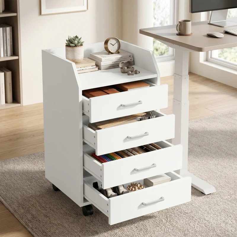 HOMCOM 4-Drawer Vertical Mobile Filing Cabinet, File Cabinet with Lockable Wheels for Home Office, White
