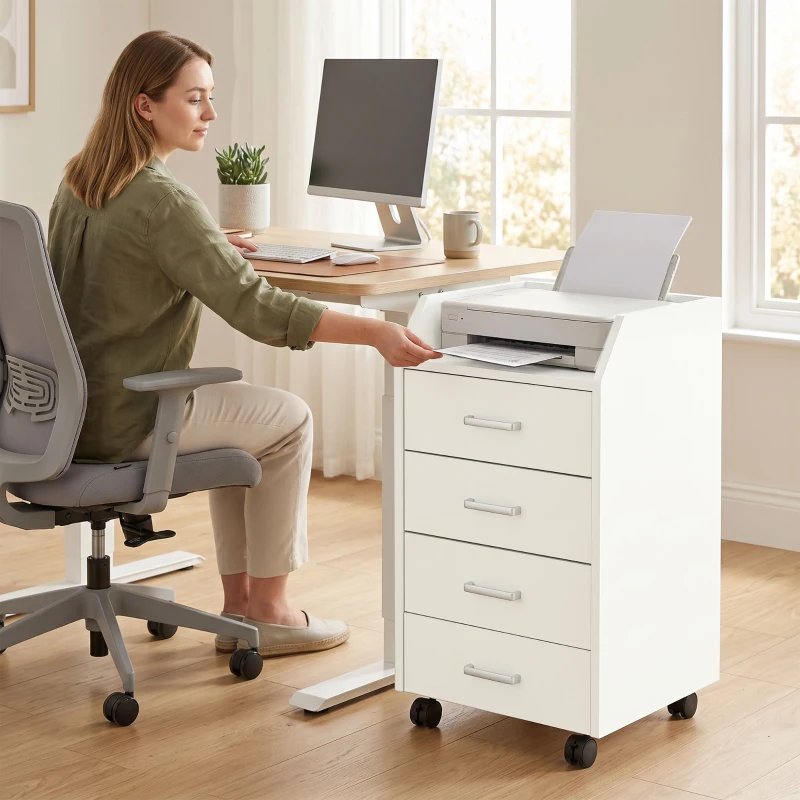 HOMCOM 4-Drawer Vertical Mobile Filing Cabinet, File Cabinet with Lockable Wheels for Home Office, White
