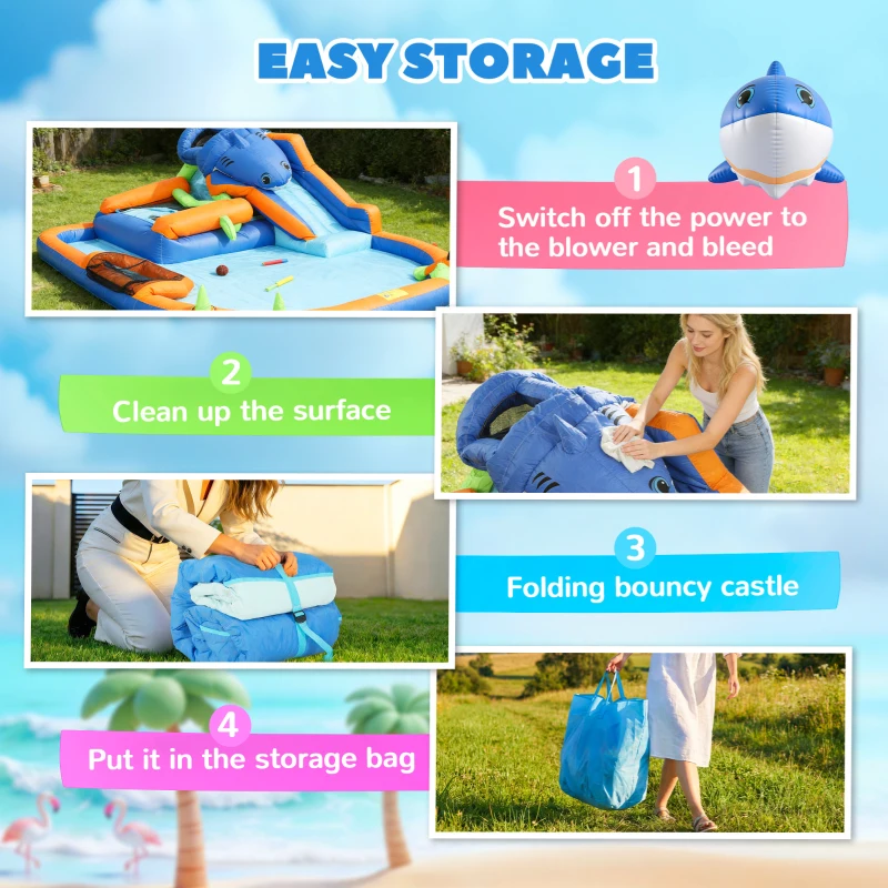 Qaba Inflatable Bounce House for Kids, Sharks Theme Jumping Bouncy Castle with Slide and Pool for Indoor Outdoor, Blue