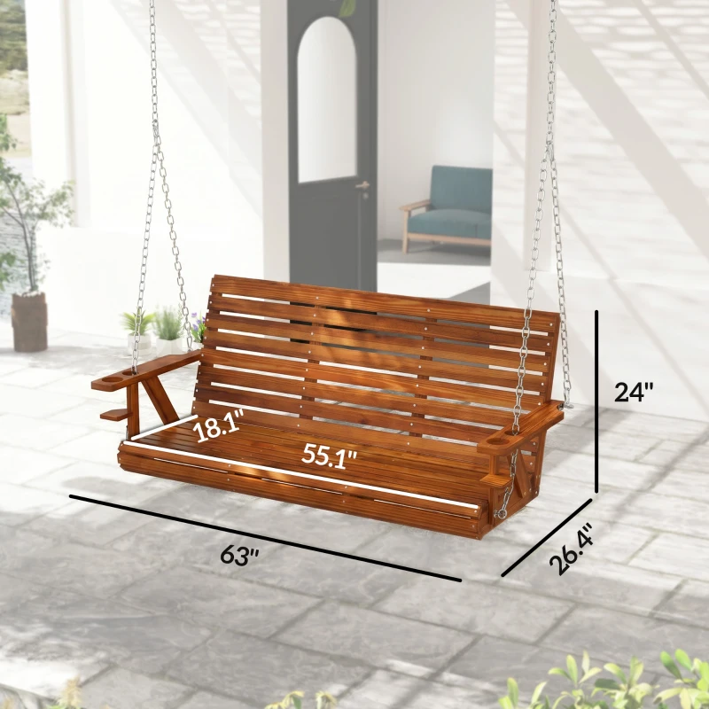 Outsunny 3-Seater Swing Bench, Wooden Porch Swing with Cupholders, Hanging Chains for Patio Garden, Carbonized