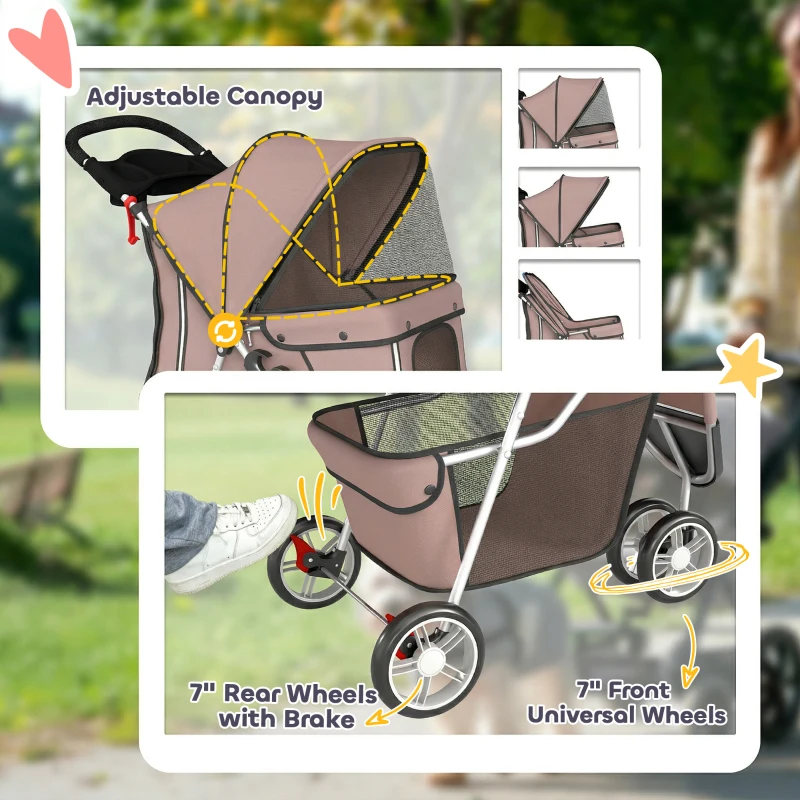 PawHut 3 Wheels Foldable Dog Stroller with Storage Basket, Adjustable Canopy, Cupholder for Miniature and Small Dogs, Coffee