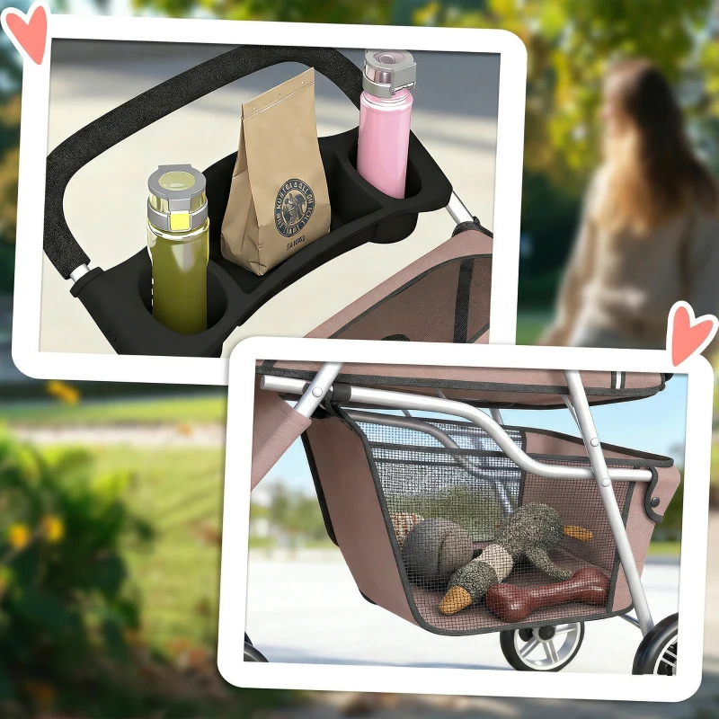 PawHut 3 Wheels Foldable Dog Stroller with Storage Basket, Adjustable Canopy, Cupholder for Miniature and Small Dogs, Coffee