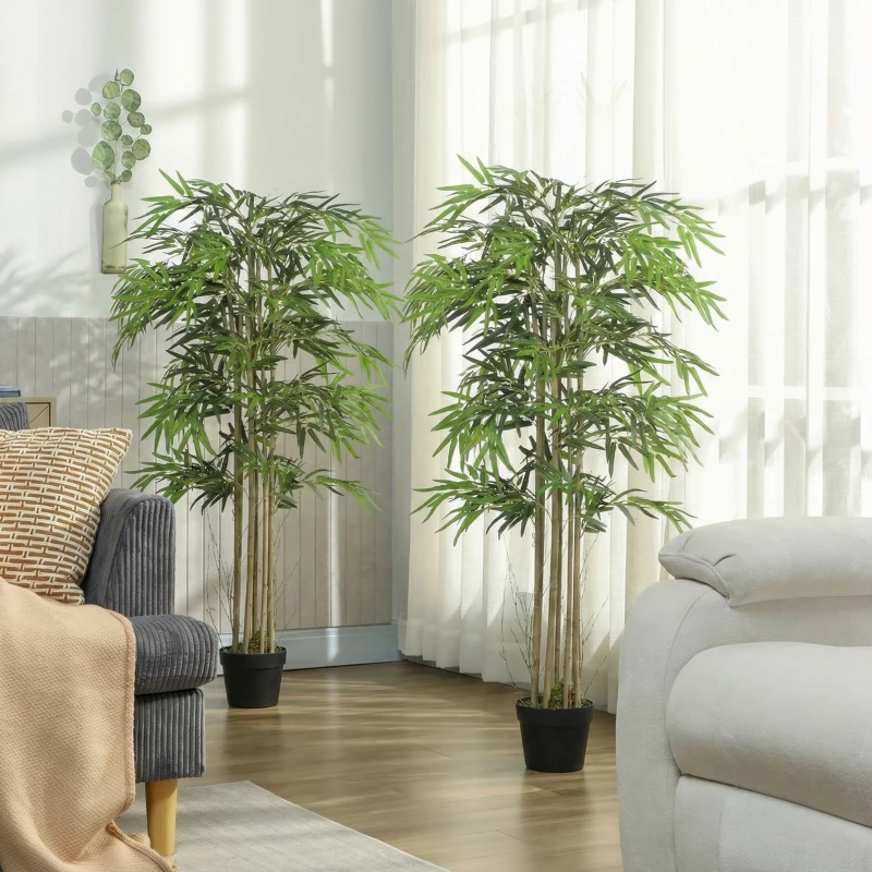 Outsunny 5FT Artificial Bamboo Tree Set of 2, Fake Plant with 1095 Leaves, Greenery Plant in Nursery Pot for Indoor, Green