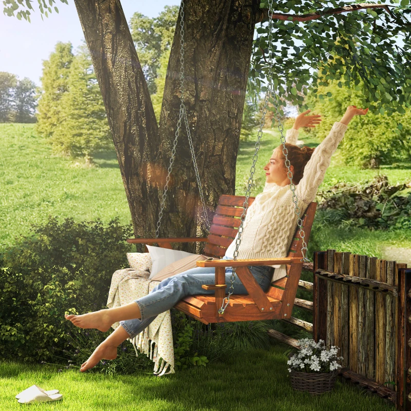 Outsunny 3-Seater Swing Bench, Wooden Porch Swing with Cupholders, Hanging Chains for Patio Garden, Carbonized