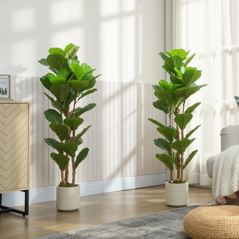 HOMCOM 4FT Artificial Fiddle Leaf Fig Tree Set of 2, Fake Potted Tree with Solid Wood Trunks for Indoor Decor, Green