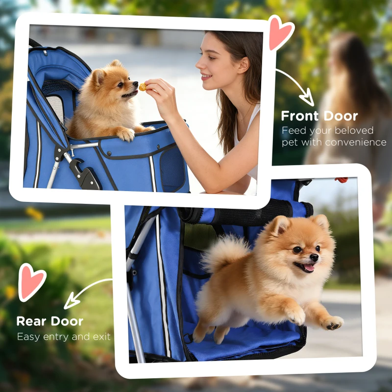 PawHut 3 Wheels Foldable Dog Stroller with Storage Basket, Adjustable Canopy, Cupholder for Miniature and Small Dogs, Blue