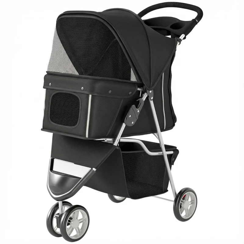 PawHut 3 Wheels Foldable Dog Stroller with Storage Basket, Adjustable Canopy, Cupholder for Miniature and Small Dogs, Black