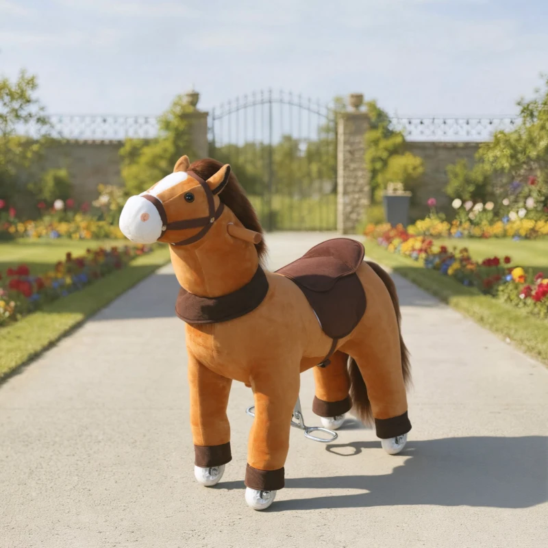 Qaba Ride on Horse, Plush Riding Pony for Ages 3-5, Walking Horse Animal with Wheels for Active Play, Dark Brown