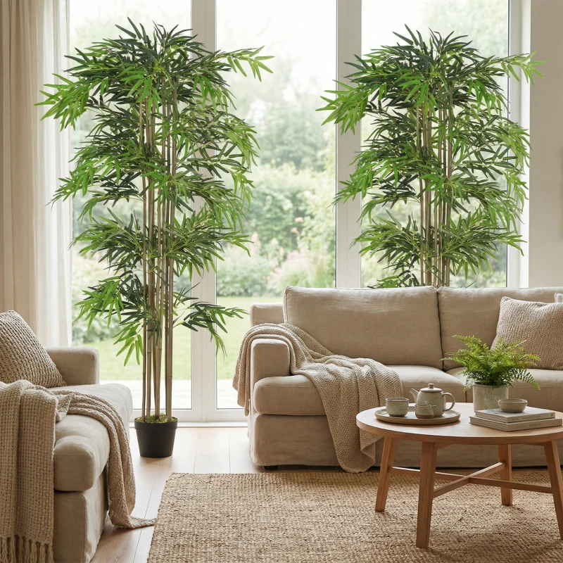 Outsunny 6FT Artificial Bamboo Tree Set of 2, Fake Plant with 1530 Leaves, Greenery Plant in Nursery Pot for Indoor, Green