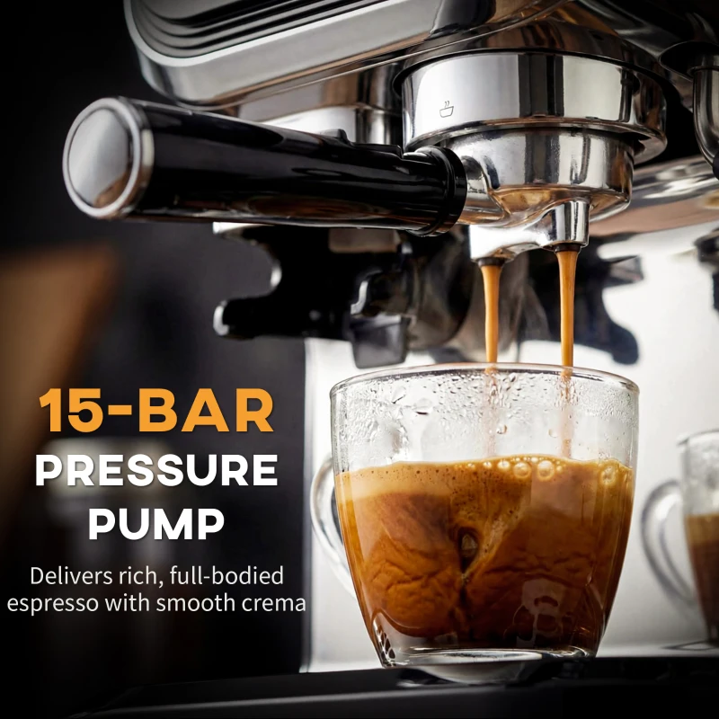 HOMCOM 15 Bar Coffee Maker Espresso Machine with Grinder Milk Frother Stainless Steel Espresso Maker for Cappuccino Latte Black