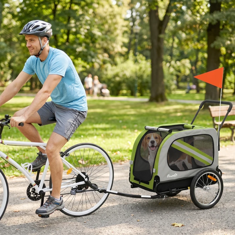 PawHut Dog Bike Trailer, 2-in-1 Dog Wagon Pet Stroller for Travel with Universal Wheel Reflectors Flag, Green