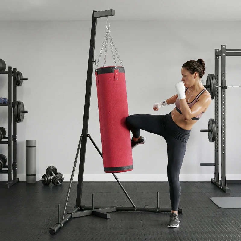 Soozier Punching Bag with Stand for Adults, 72.8"-90.9" Height Adjustable Freestanding Boxing Stand with Canvas Sandbag, Red