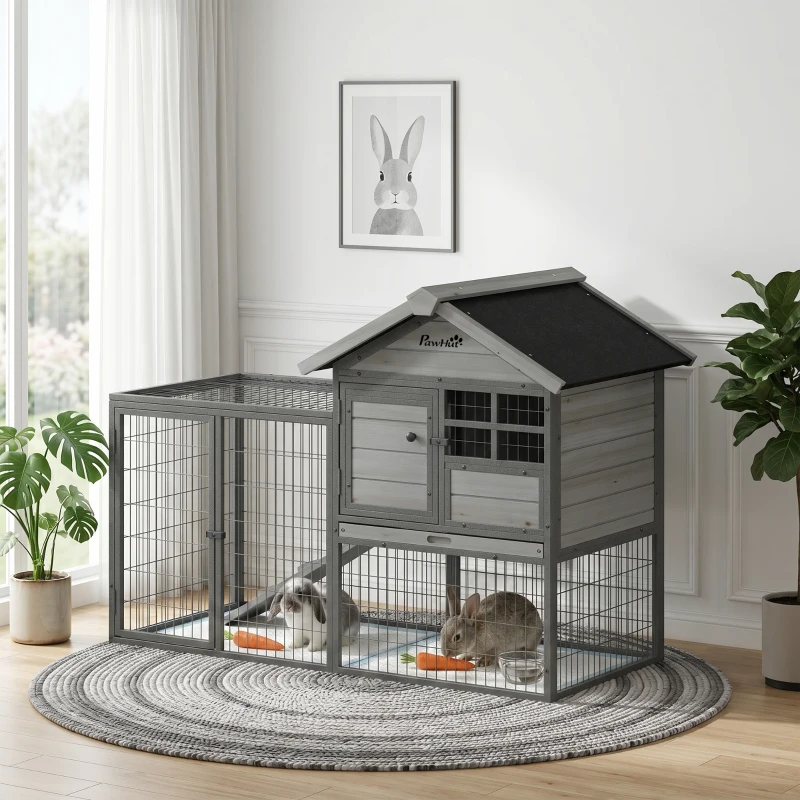 PawHut Rabbit Hutch Outdoor, 48"L Large Wooden Bunny Cage with Run, Grey