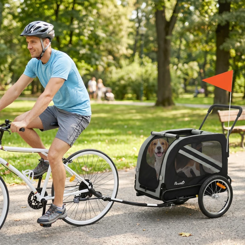 PawHut Dog Bike Trailer, 2-in-1 Dog Stroller with Universal Wheel Reflectors Flag, Grey