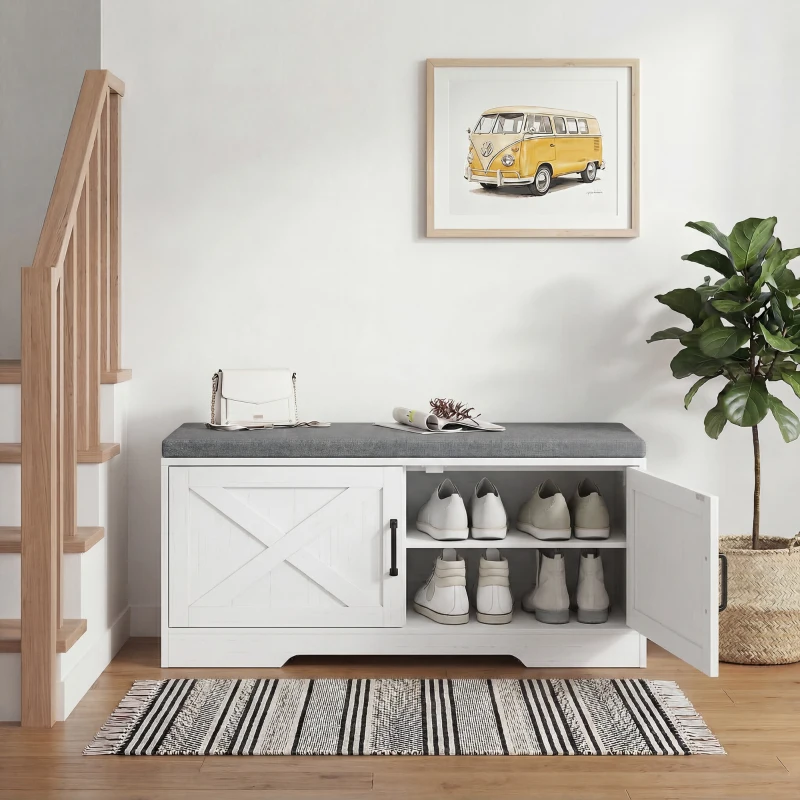 HOMCOM Shoe Bench with Cushion Shoe Storage Bench with Doors Adjustable Shelves for Entryway, White
