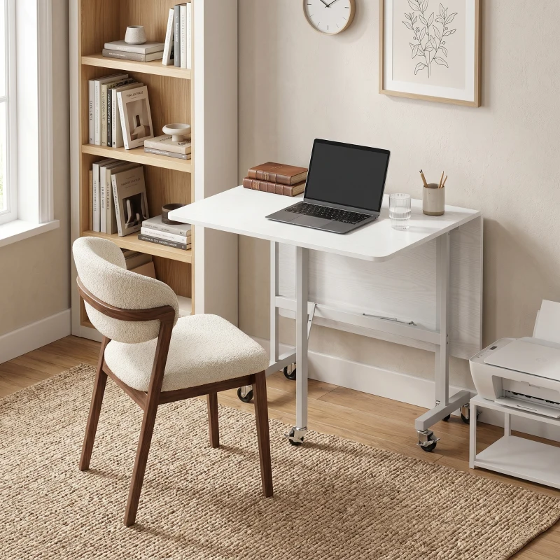 HOMCOM Six-Seater Drop-Leaf Dining Table with Wheels, White