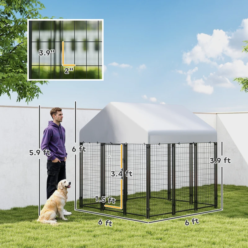 PawHut Outdoor Dog Kennel with Roof, 6' x 6' x 6' Heavy Duty Welded Wire Dog Playpen Enclosure with Escape-proof Lock