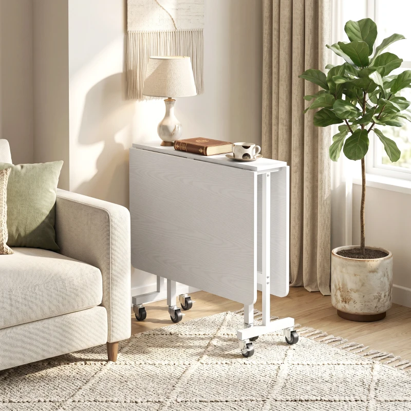 HOMCOM Six-Seater Drop-Leaf Dining Table with Wheels, White
