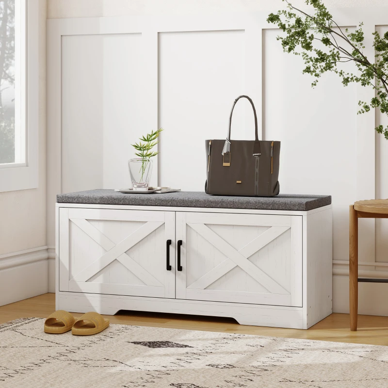 HOMCOM Shoe Bench with Cushion Shoe Storage Bench with Doors Adjustable Shelves for Entryway, White
