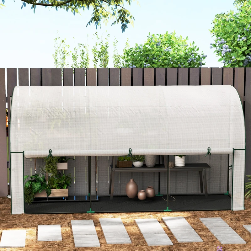 Outsunny Walk-in Lean-to Greenhouse, Outdoor Gardening Green House with Zipper Roll-up Doors and Window, 10' x 3' x 5', White