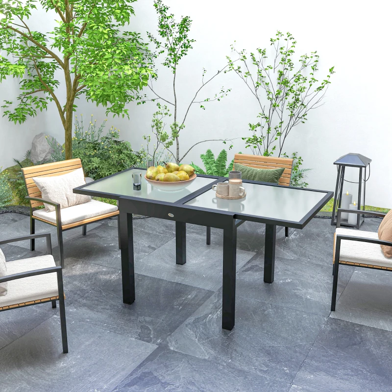 Outsunny Extendable Patio Dining Table, Tempered Glass Aluminum Outdoor Table for Garden Lawn Backyard, Clear