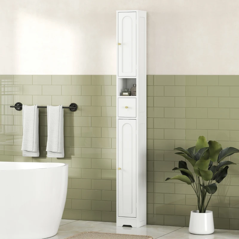 HOMCOM Tall Bathroom Cabinet, Modern Slim Bathroom Storage with Arched Doors, Drawer and Open Shelf, Narrow Storage, White