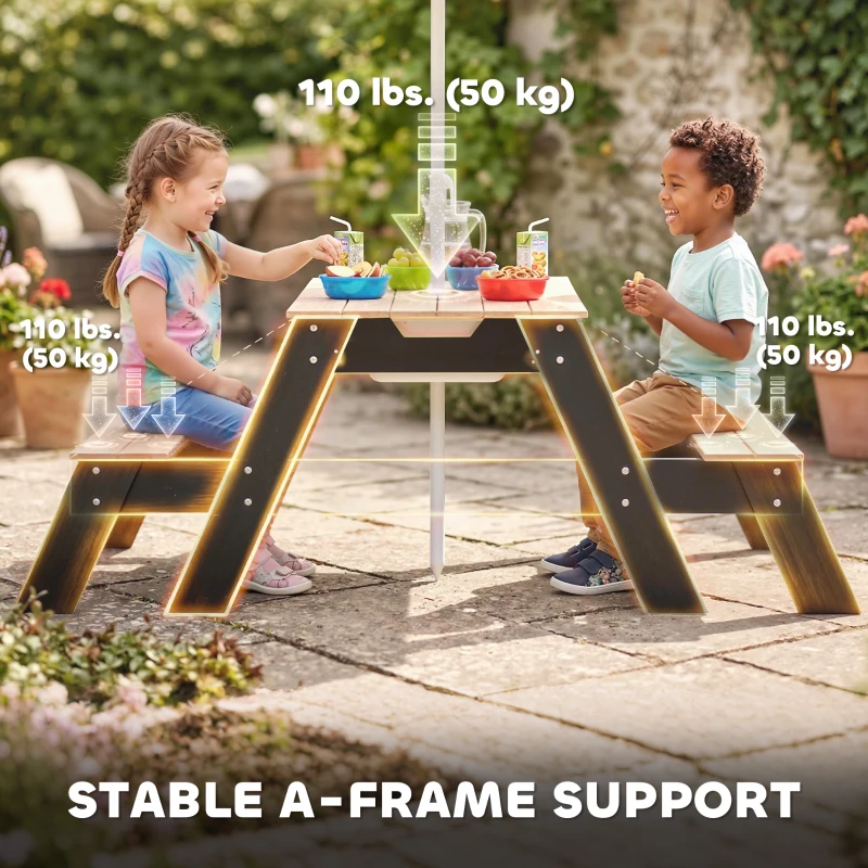 Qaba Kids Picnic Table with Umbrella, 3 in 1 Wooden Sand & Water Table with 2 Hidden Play Boxes for Patio, Ages 3-6
