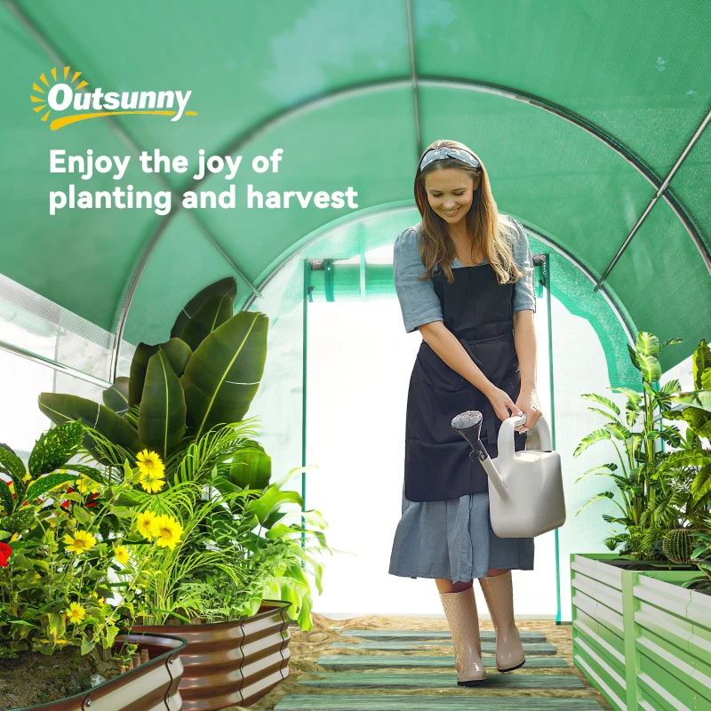 Outsunny Walk-in Tunnel Greenhouse, Plant Hot House with Sunshade Net, Roll-up Mesh Sidewalls, 2 Doors, 6.6' x 10' x 6.5' , Green